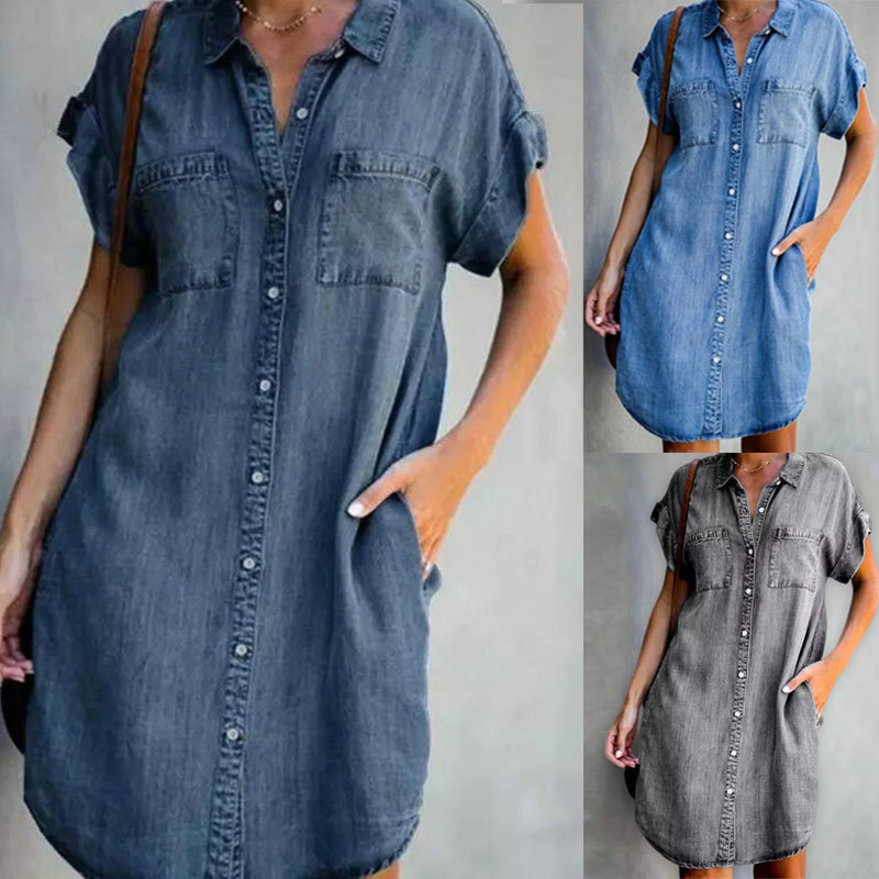 Lässiges Kurzarm Denim Kleid